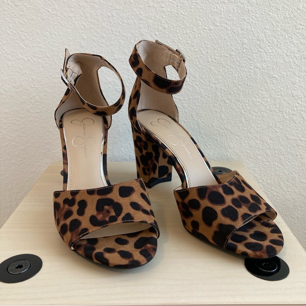 Jessica Simpson Leopard Print Ankle Strap Block Heel Sandals